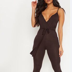 BNWOT PRETTYLITTLETHING  BLACK Strappy Jersey Wrap Tie Waist Jumpsuit SZ 0.